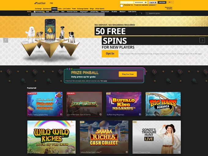 Betfair Casino website interface